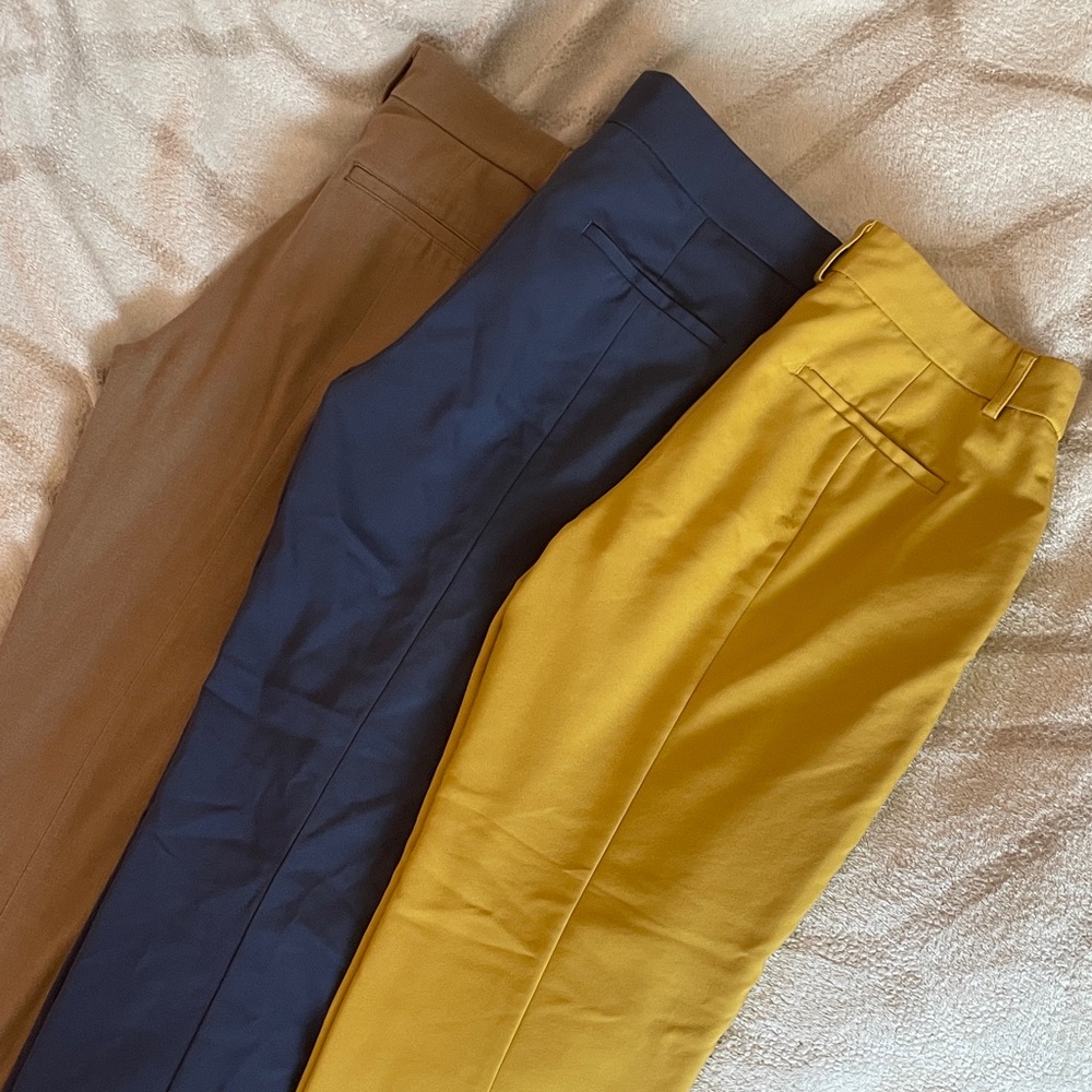 Bundle of 3 Express Professional Pants in Mustard Yellow, Slate Blue, and Tan